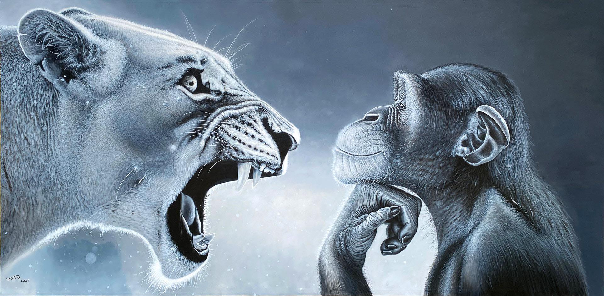 image of a monkey, unimpressed by a lion